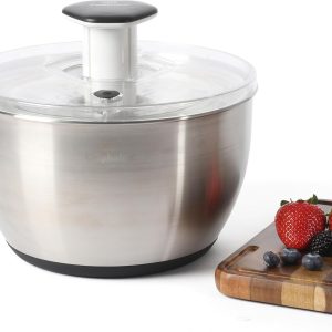 Calphalon Aero 6.3 Qt Stainless Steel Salad Spinner, Fruit Washer, Fruit Washing Bowl with Strainer, Vegetable Cleaner, Salad Cleaner, Lettuce Washer