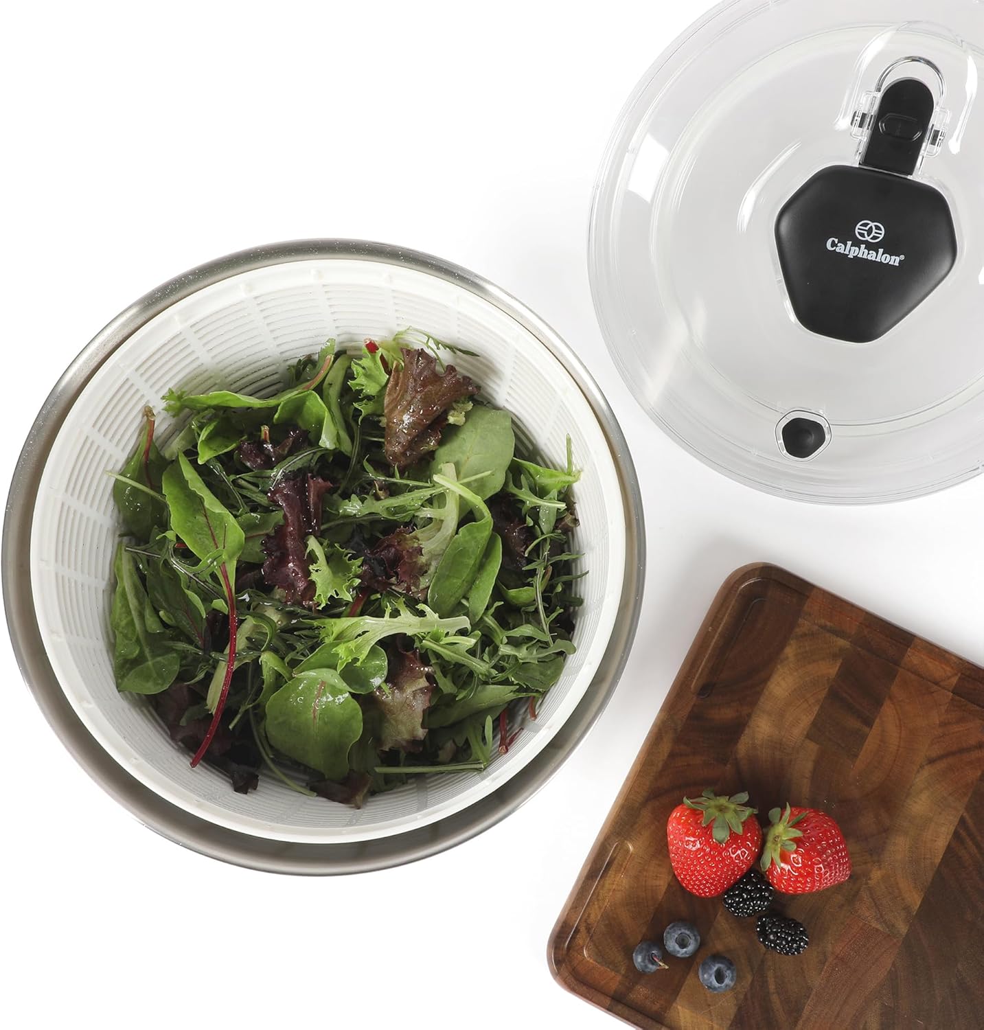 Calphalon Aero 6.3 Qt Stainless Steel Salad Spinner, Fruit Washer, Fruit Washing Bowl with Strainer, Vegetable Cleaner, Salad Cleaner, Lettuce Washer - Image 2