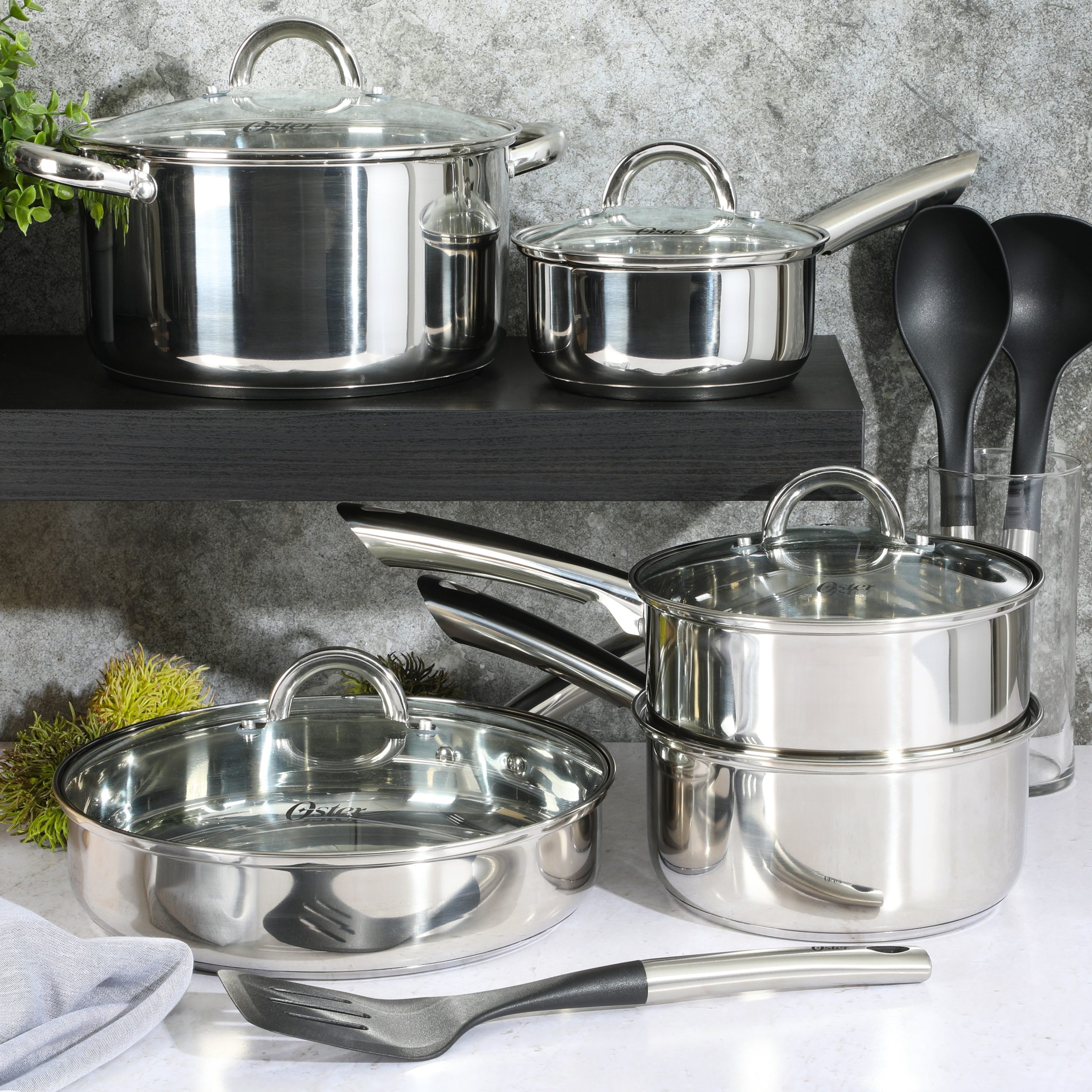 Oster Sangerfield 12-Piece Stainless Steel Cookware Set w/ Kitchen Tools - Image 3