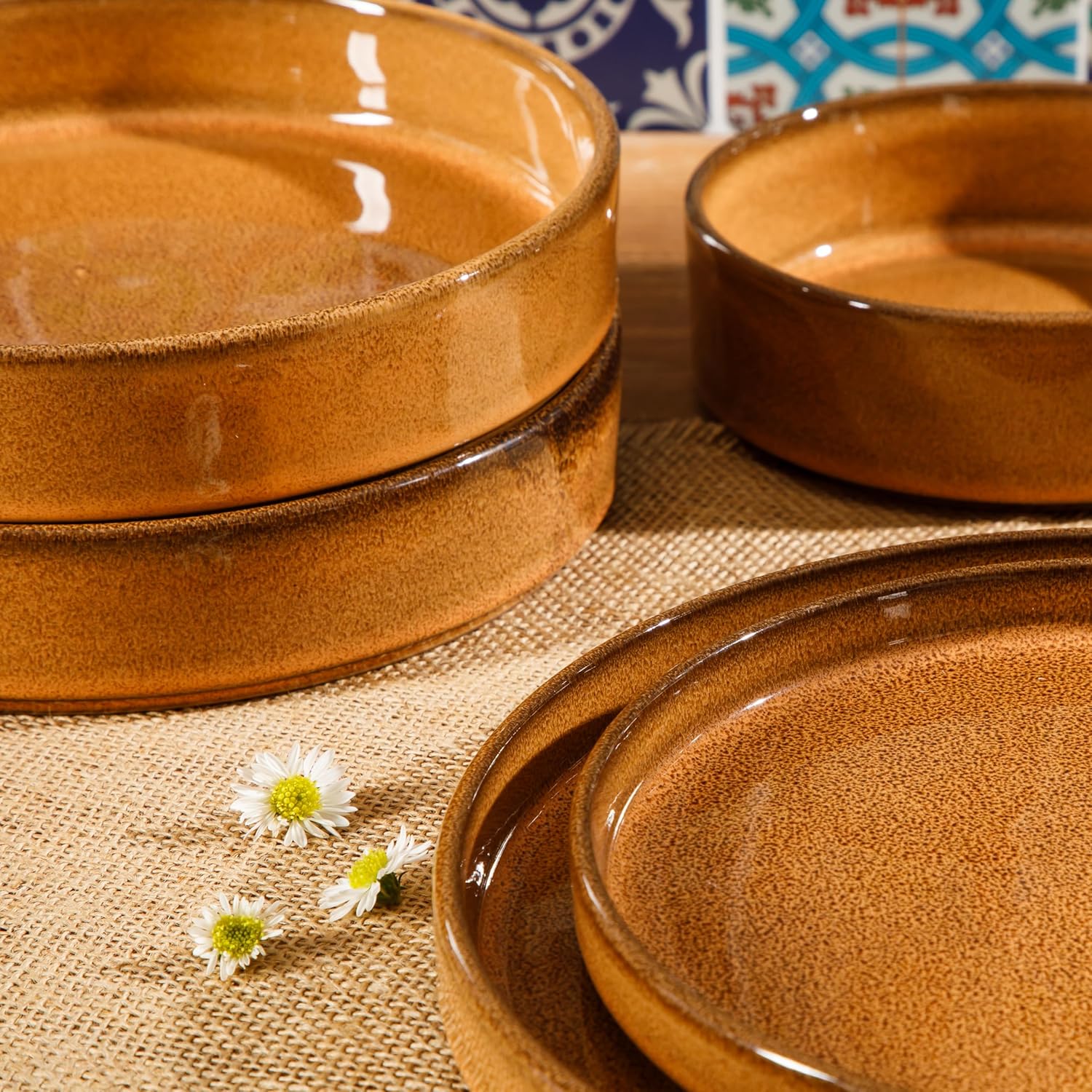 Bloomhouse Santorini Mist 16 Piece Double Bowl Terracotta Reactive Glaze Plates and Bowls Dinnerware Set - Moonstone White, Amber, Garnet Red, or Jade - Image 9