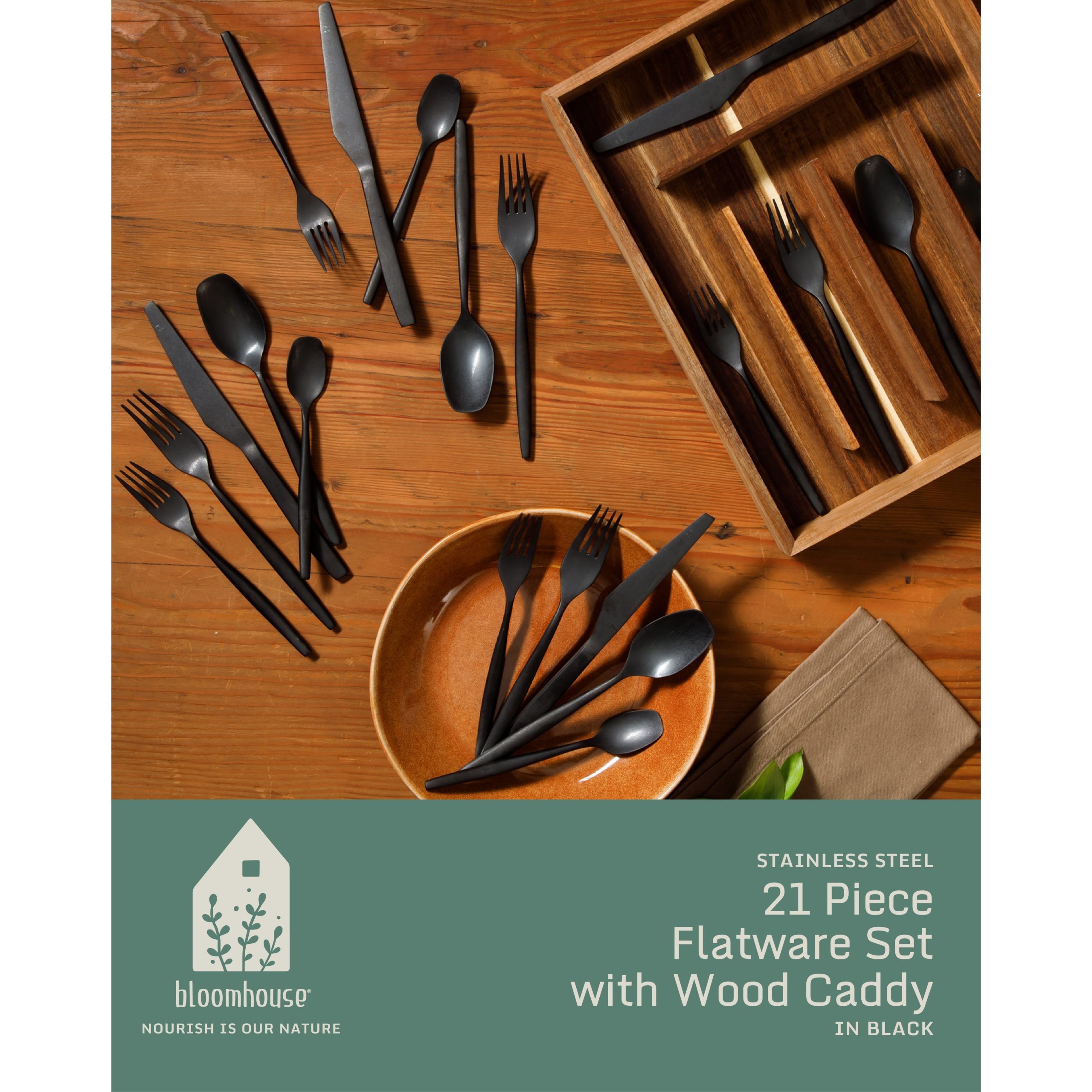 Bloomhouse 20 Piece Stone Washed Flatware 18/10 Stainless Steel Silverware Cutlery Utensil Set With Acacia Wood Caddy - Service for 4 - Image 9
