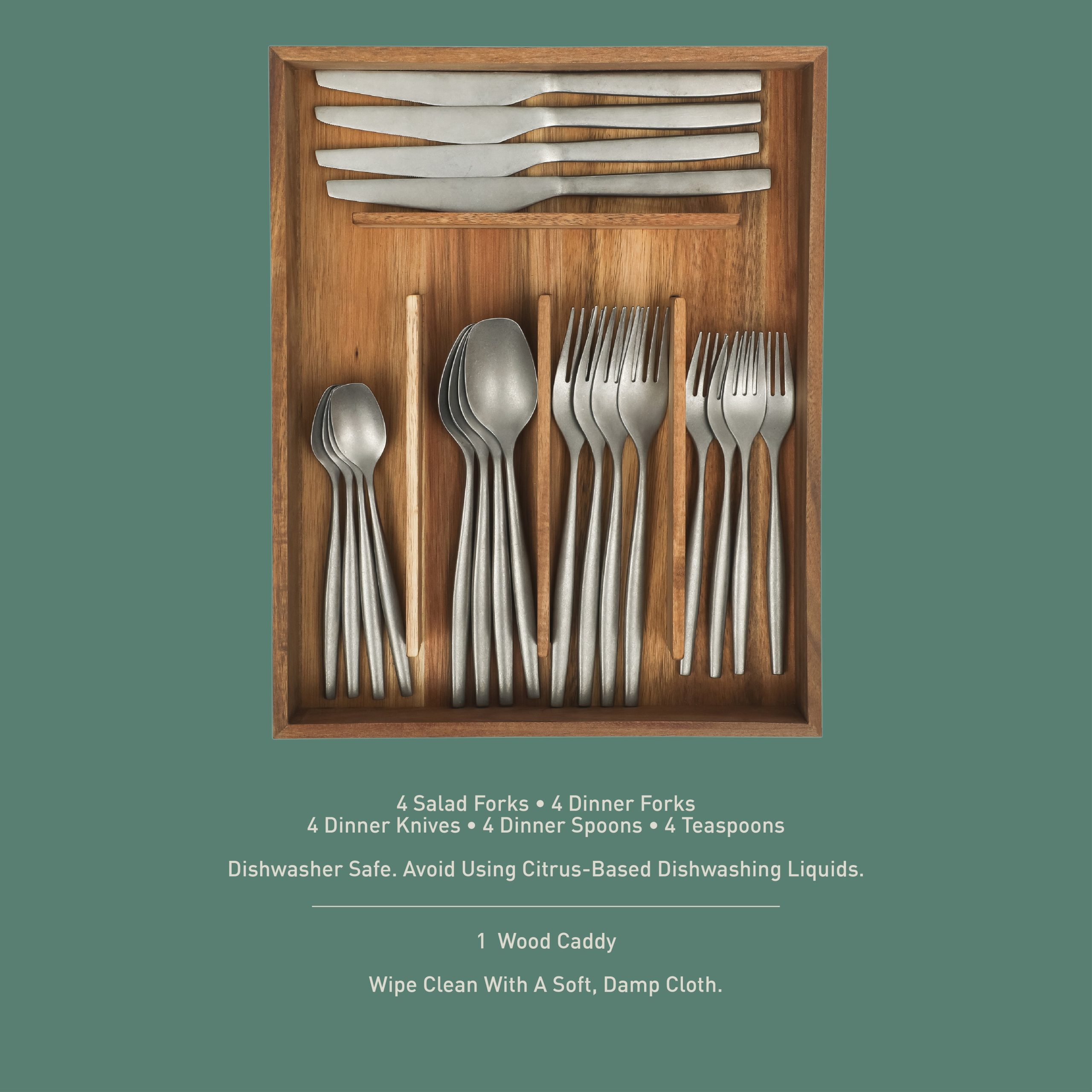 Bloomhouse 20 Piece Stone Washed Flatware 18/10 Stainless Steel Silverware Cutlery Utensil Set With Acacia Wood Caddy - Service for 4 - Image 3