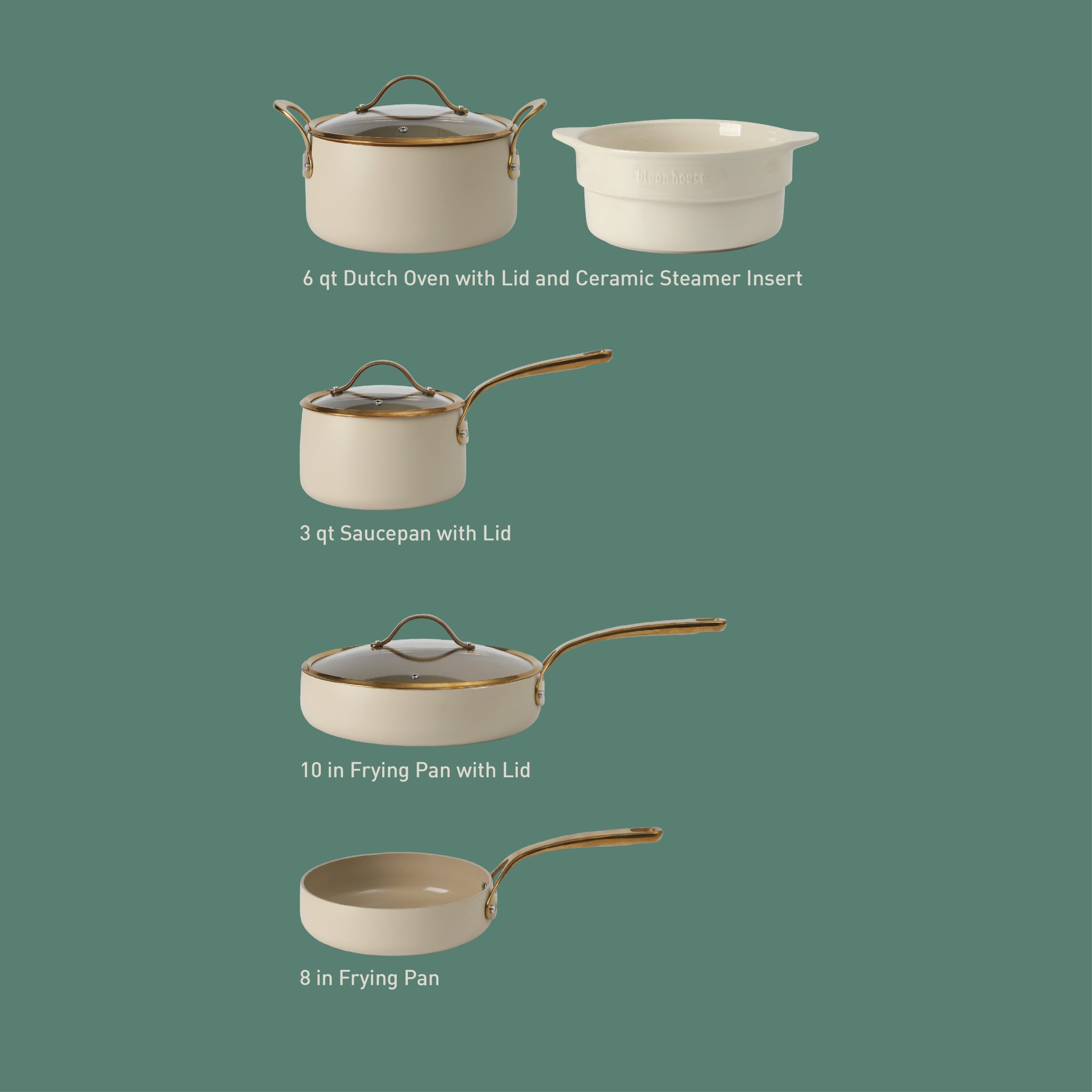 Bloomhouse 8 Piece Pots and Pans Heavy Duty Aluminum Premium PFA Free Ceramic Nonstick Dutch Oven Pot with Lid - Linen White with Gold Handle - Image 3
