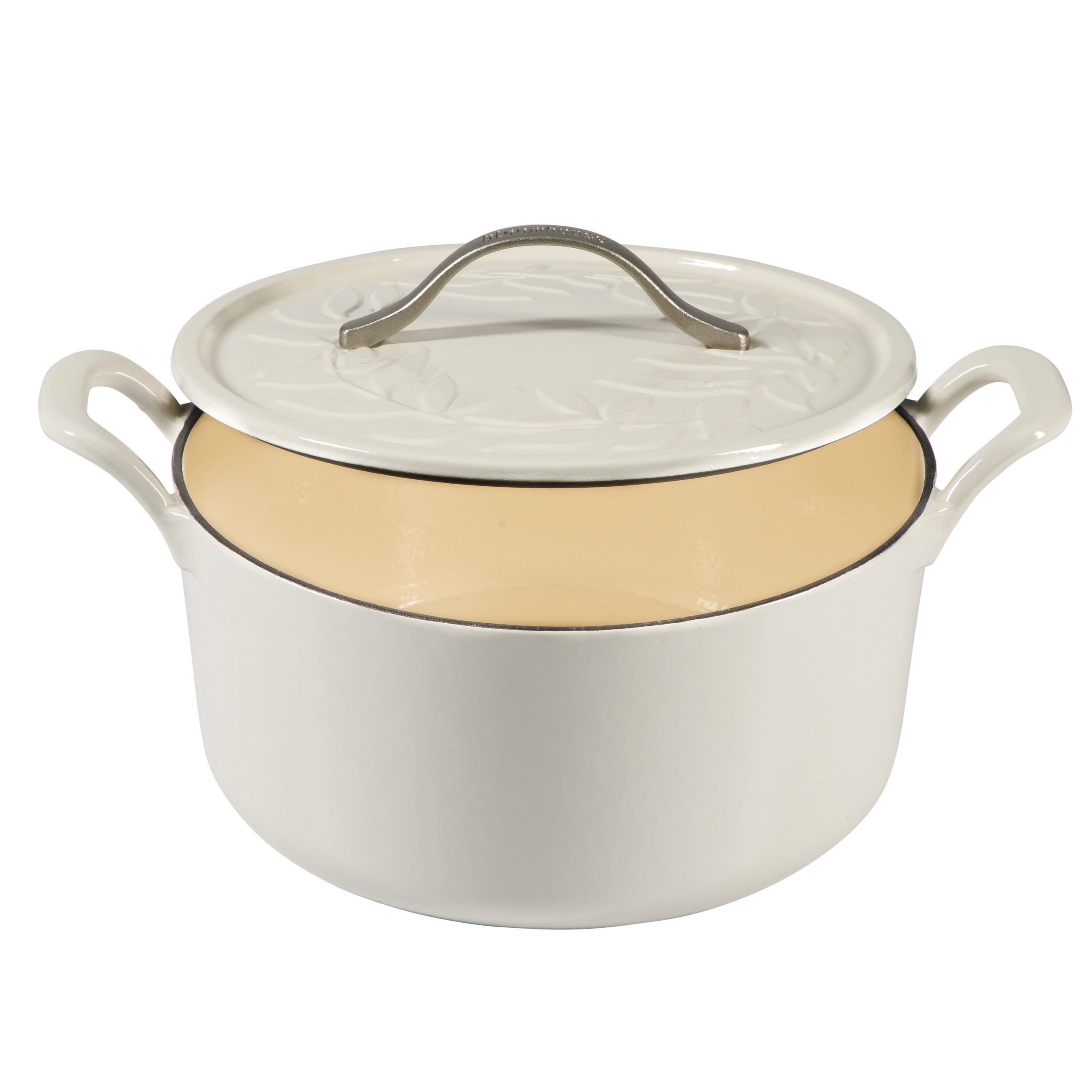 Bloomhouse 7 Qt Cast Iron Dutch Oven W/ Embossed Lid, European Enamel, & Walnut Wood Trivet - Image 3