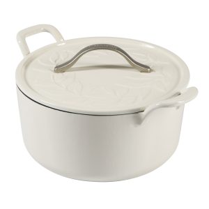 Bloomhouse 7 Qt Cast Iron Dutch Oven W/ Embossed Lid, European Enamel, & Walnut Wood Trivet