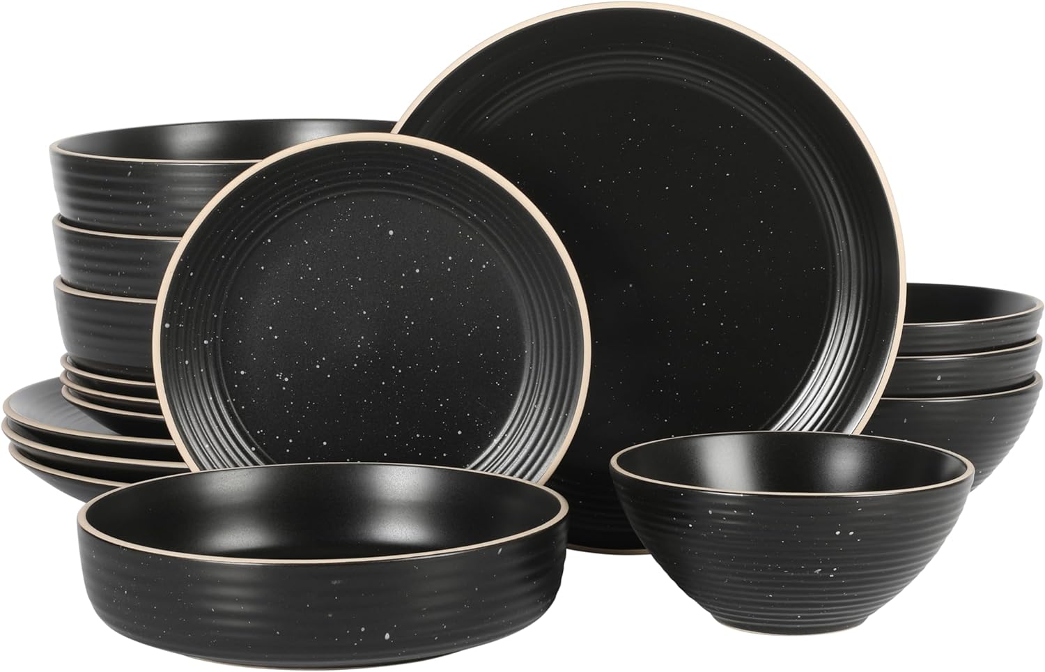 Gibson Home Dinah 16 Piece Double Bowl Stoneware Embossed Speckled Dinnerware Set - Matte Black, White, or Sage Green - Image 3