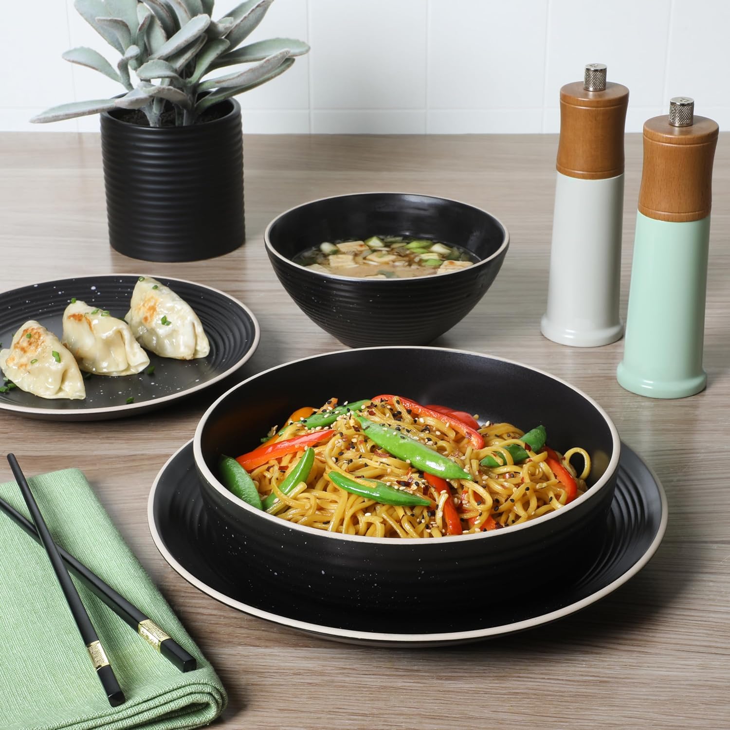 Gibson Home Dinah 16 Piece Double Bowl Stoneware Embossed Speckled Dinnerware Set - Matte Black, White, or Sage Green - Image 5