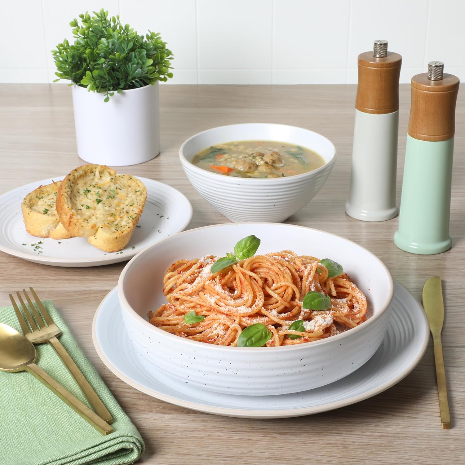 Gibson Home Dinah 16 Piece Double Bowl Stoneware Embossed Speckled Dinnerware Set - Matte Black, White, or Sage Green - Image 6