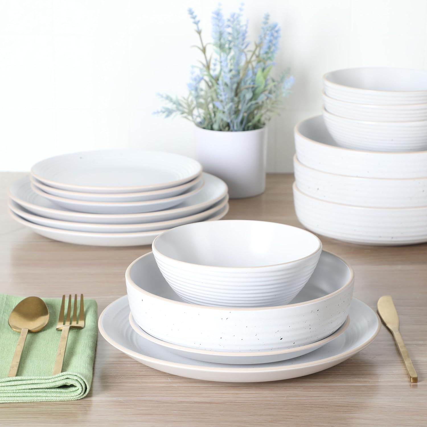 Gibson Home Dinah 16 Piece Double Bowl Stoneware Embossed Speckled Dinnerware Set - Matte Black, White, or Sage Green - Image 9