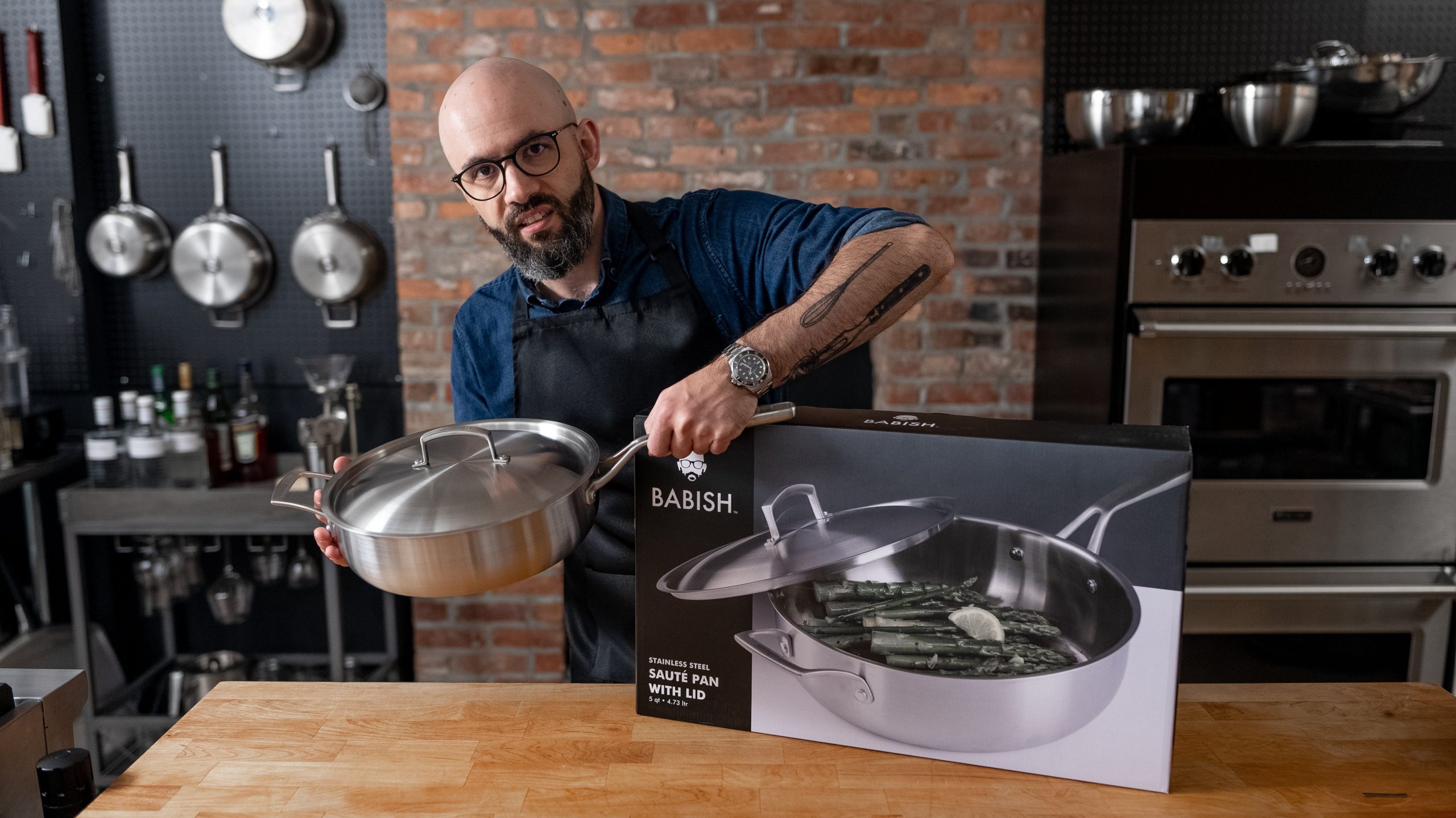 Babish Tri-Ply Stainless Steel Professional Grade Saute Pan w/Lid, 5-Quart - Image 2