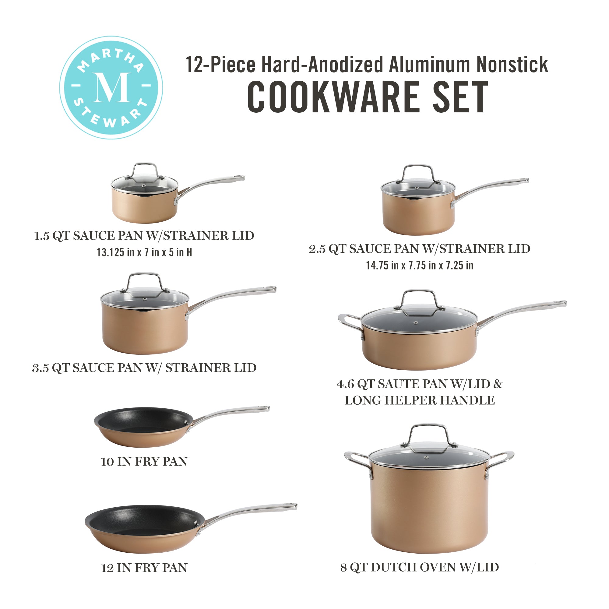Martha Stewart 12-Piece Heavy Gauge Aluminum Hard Anodized Premium Nonstick Induction Safe Cookware Set - Image 2