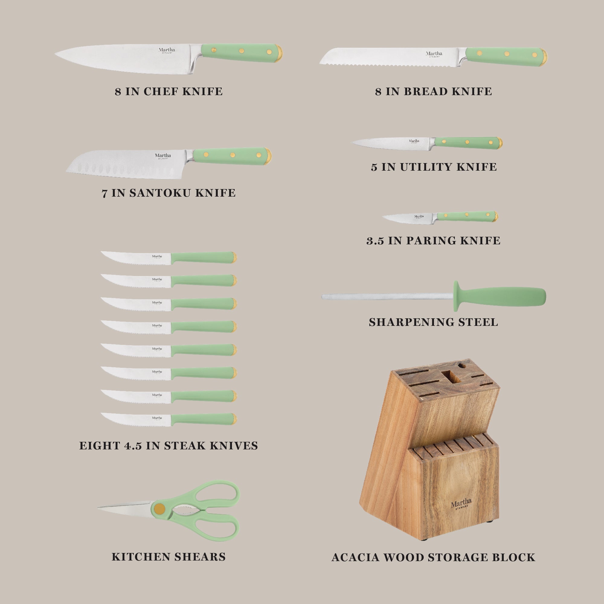 Martha Stewart 16 Piece Lockton High Carbon Stainless Steel Cutlery Kitchen Knife Block Set W/ ABS Tripe Riveted Forged Handle Acacia Wood Block - Image 7
