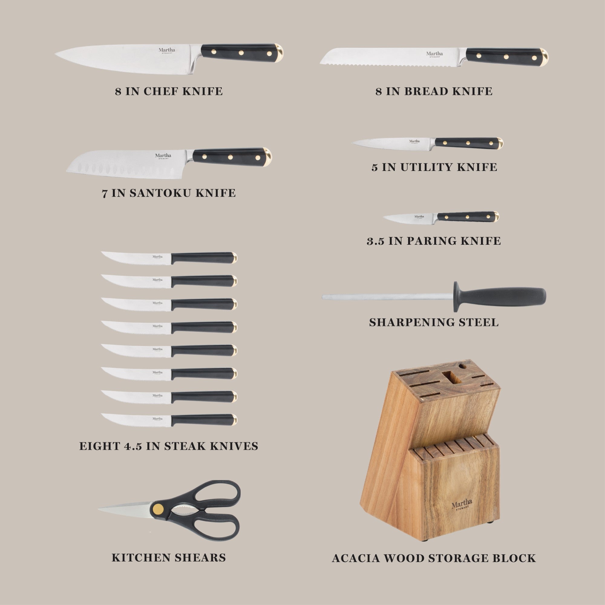 Martha Stewart 16 Piece Lockton High Carbon Stainless Steel Cutlery Kitchen Knife Block Set W/ ABS Tripe Riveted Forged Handle Acacia Wood Block - Image 12
