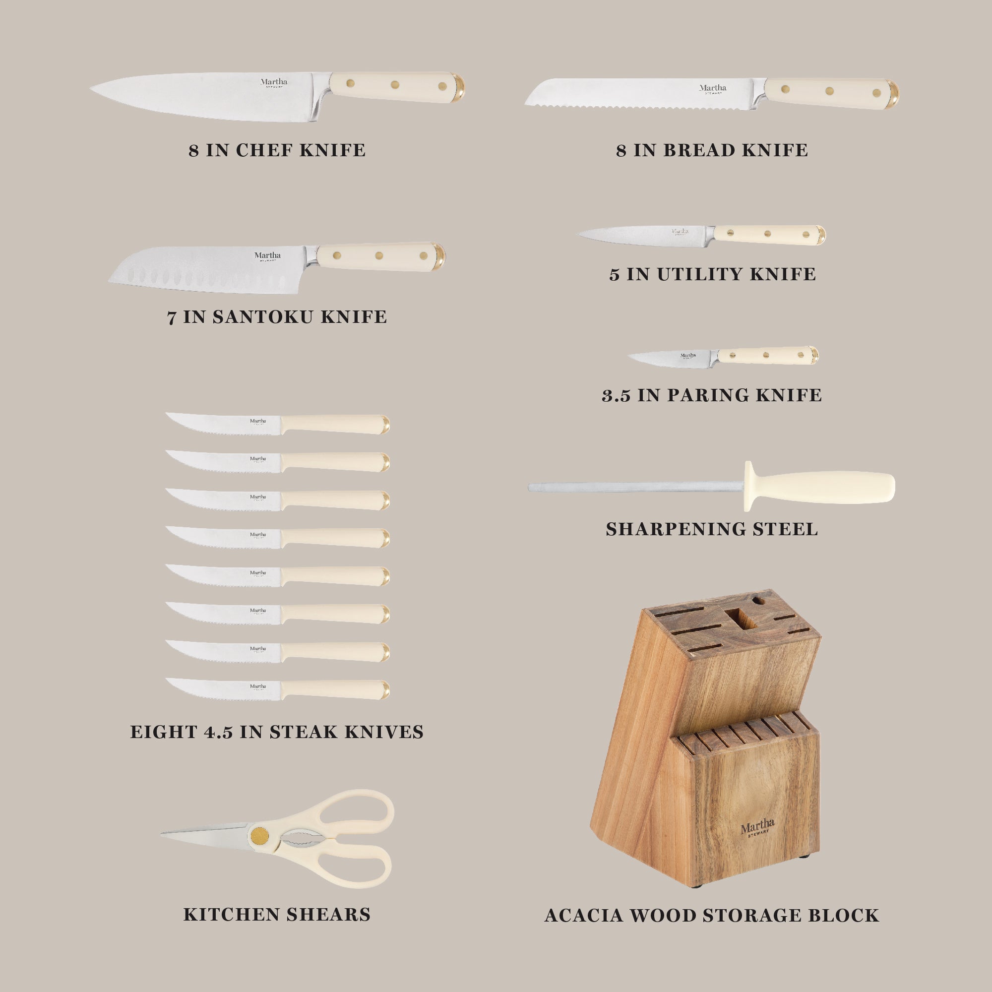 Martha Stewart 16 Piece Lockton High Carbon Stainless Steel Cutlery Kitchen Knife Block Set W/ ABS Tripe Riveted Forged Handle Acacia Wood Block - Image 2