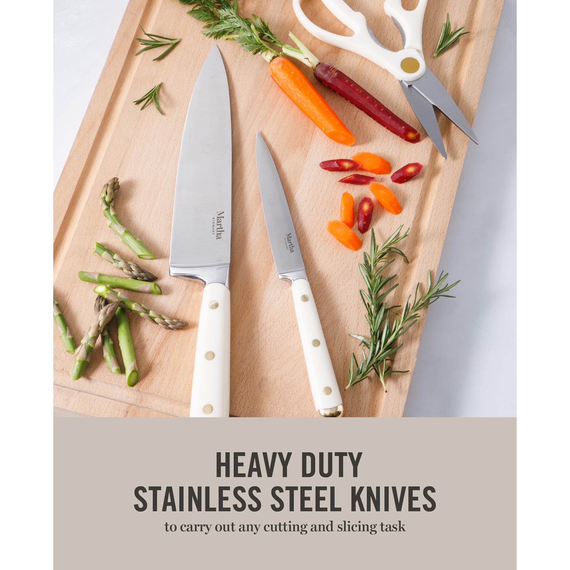 Martha Stewart 16 Piece Lockton High Carbon Stainless Steel Cutlery Kitchen Knife Block Set W/ ABS Tripe Riveted Forged Handle Acacia Wood Block - Image 4