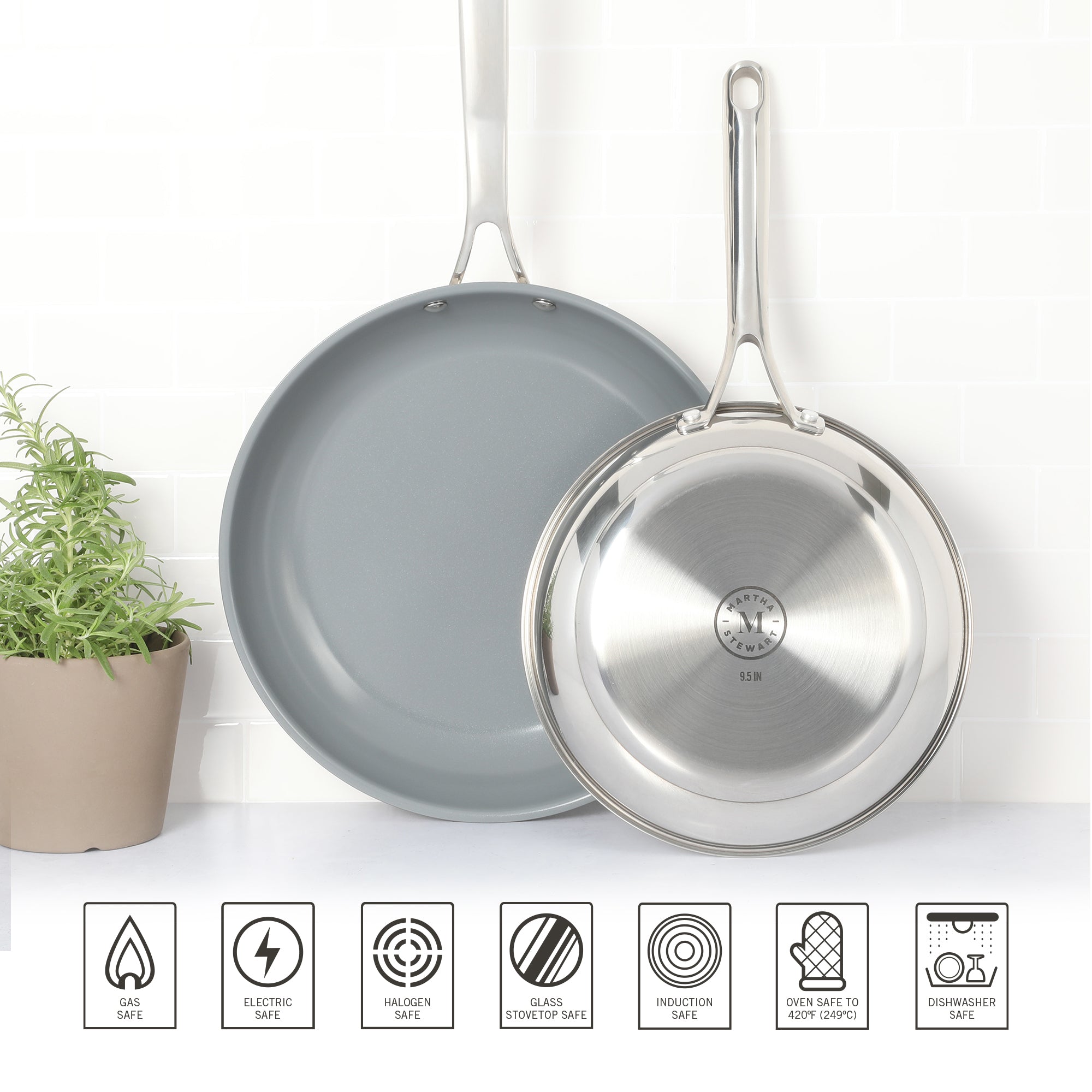 Martha Stewart Delaroux 9.5" & 12" Stainless Steel Fry Pan Set w/ Ceramic Non-Stick Interior - Image 6
