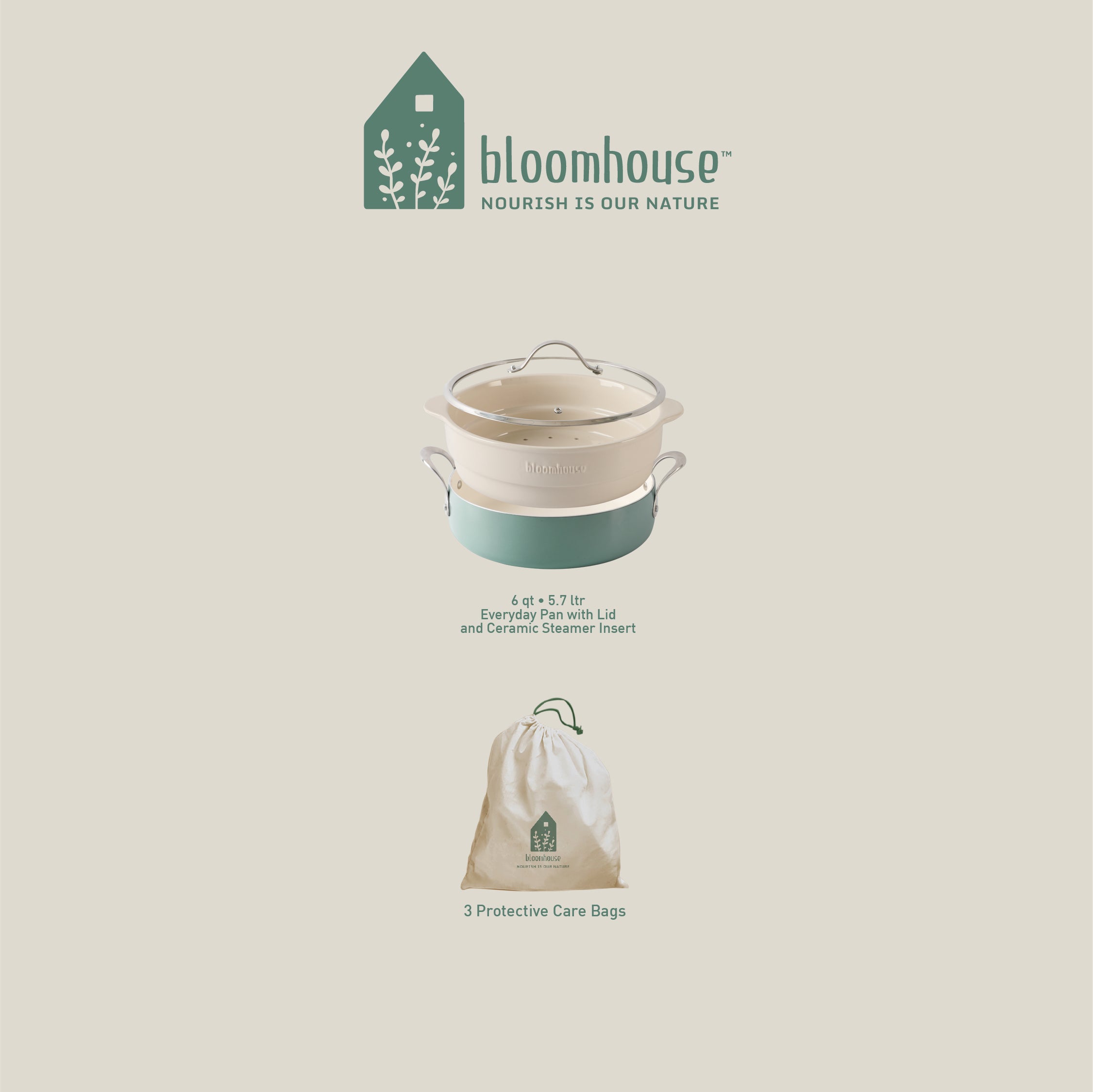 Bloomhouse 6-QT Aluminum Enamel Everyday Pan w/Non-Stick Non-Toxic Ceramic Interior and Ceramic Steamer Insert - Image 3