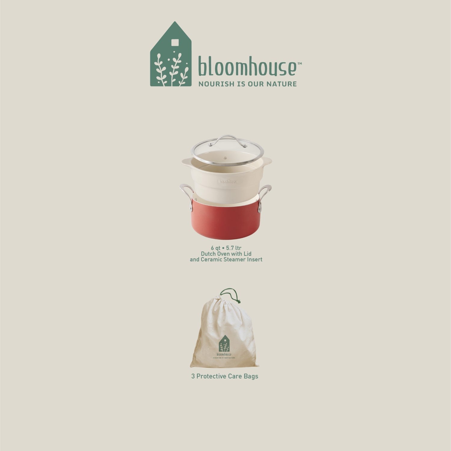 Bloomhouse 6-Quart Aluminum Enamel Dutch Oven w/ Non-Stick Non-Toxic Ceramic Interior and Ceramic Steamer Insert - Image 4