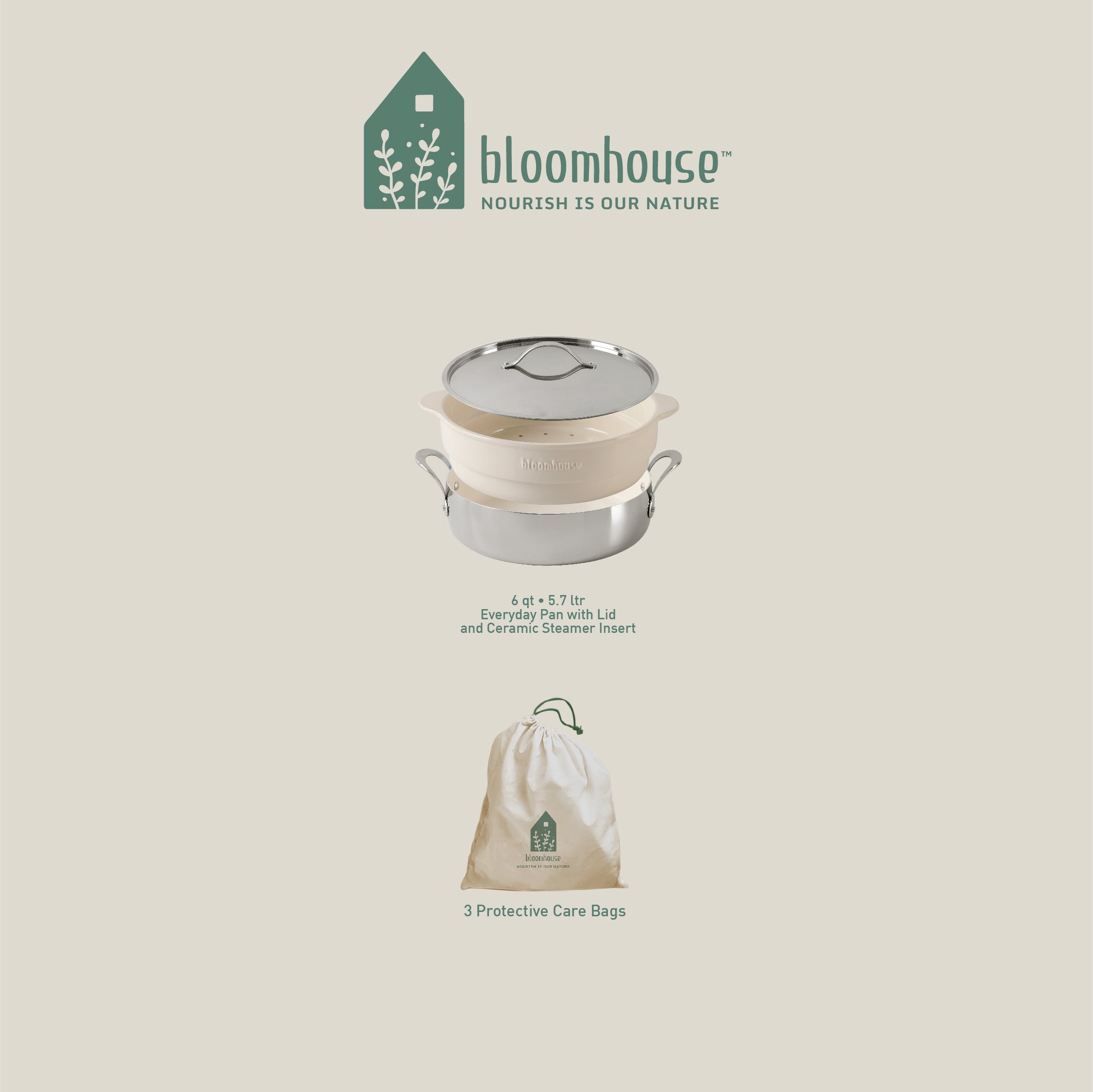 Bloomhouse 6-Quart Triply Stainless Steel Everyday Pan w/ Non-Stick Non-Toxic Ceramic Interior and Ceramic Steamer Insert - Image 4