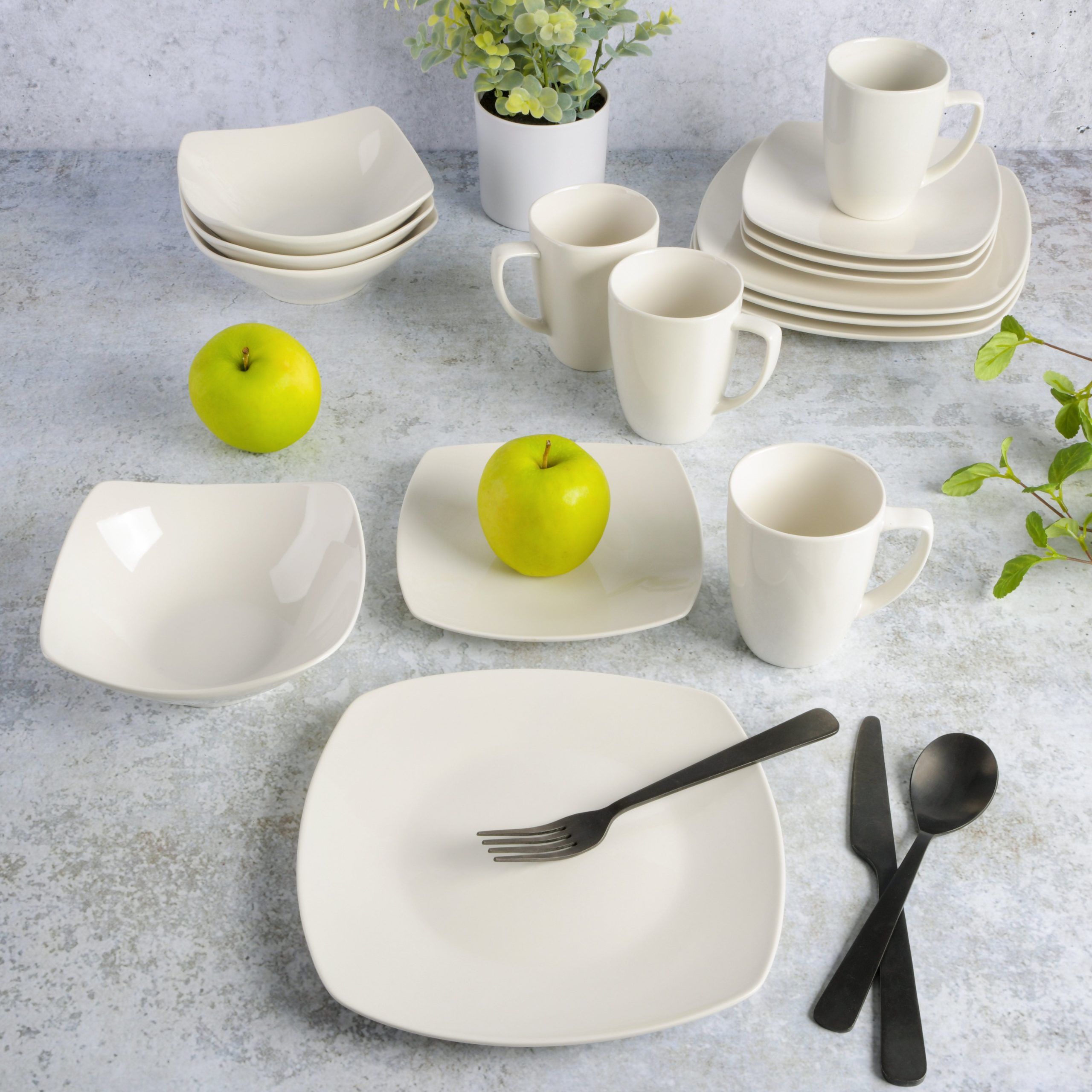 Gibson Home Zen Buffet 16-Piece Porcelain Dinnerware Set, Square Plates & Bowls, Service for 4, White - Image 3