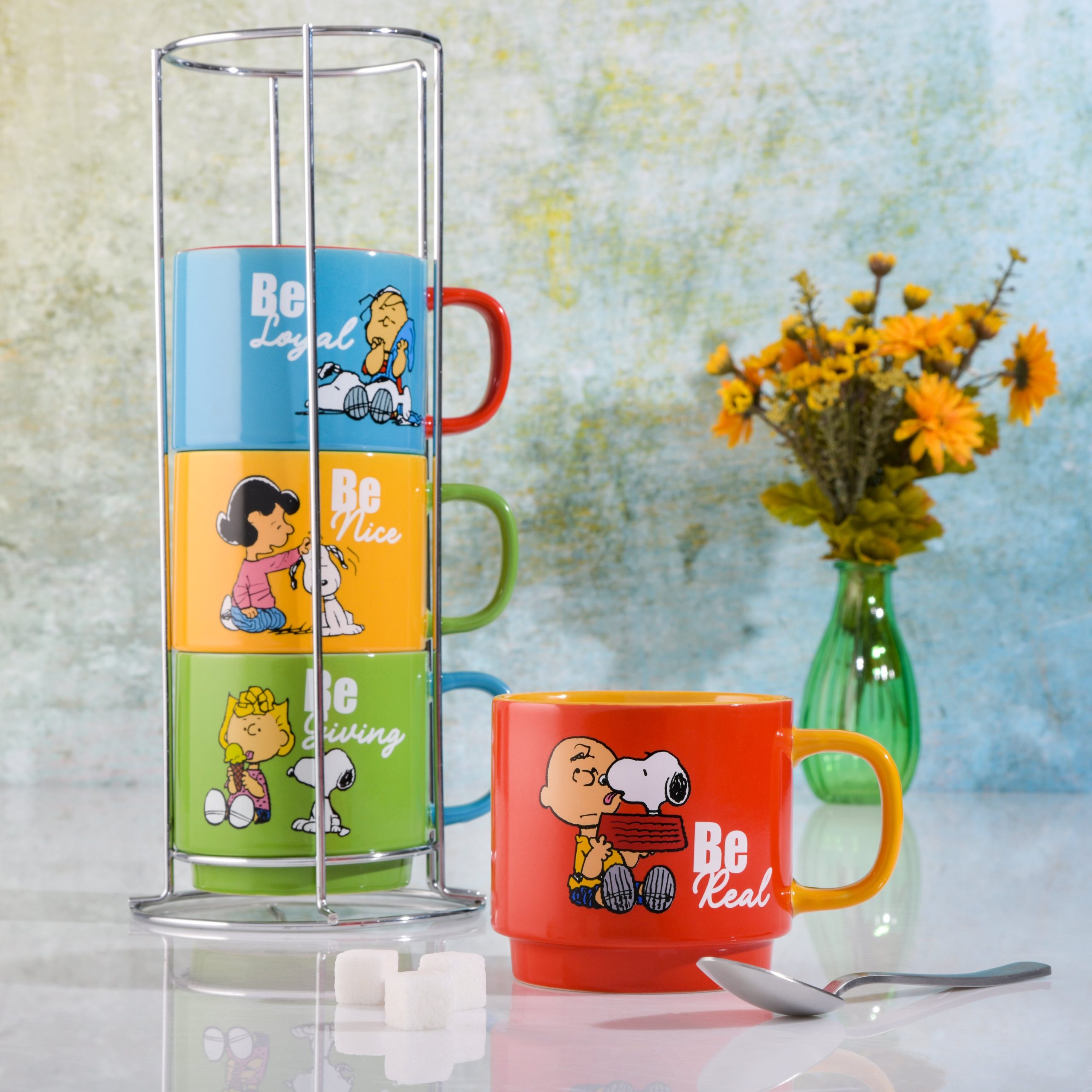 Peanuts Gentle Reminders 4-Pack 15oz Stoneware Stackable Mugs w/ Metal Rack - Image 2