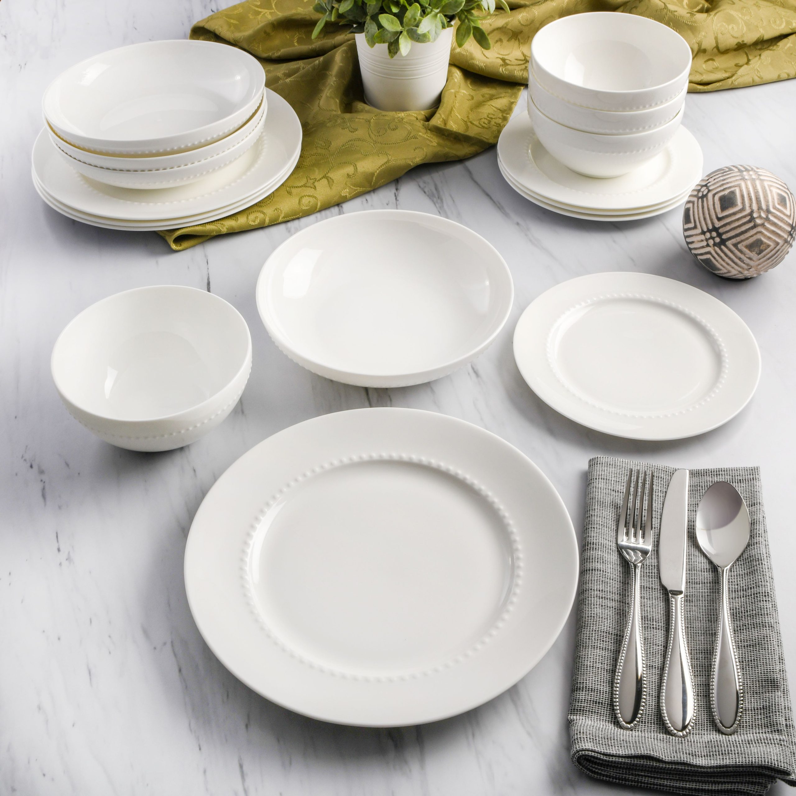 Gibson Elite Embossed Bone China 16-Piece Double Bowl Dinnerware Set - White - Image 3