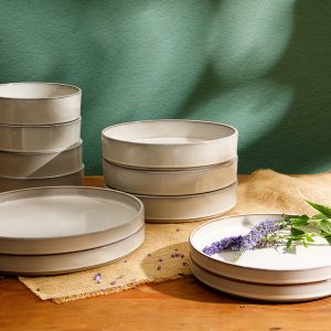 Bloomhouse Santorini Mist 16 Piece Double Bowl Terracotta Reactive Glaze Plates and Bowls Dinnerware Set - Moonstone White, Amber, Garnet Red, or Jade