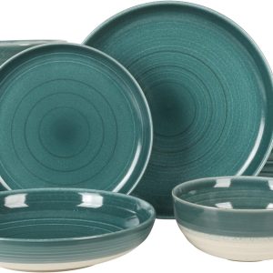 Gibson Elite Clarina 16 Piece Double Bowl Stoneware Reactive Glaze Round Plates and Bowls Dinnerware Set - Teal