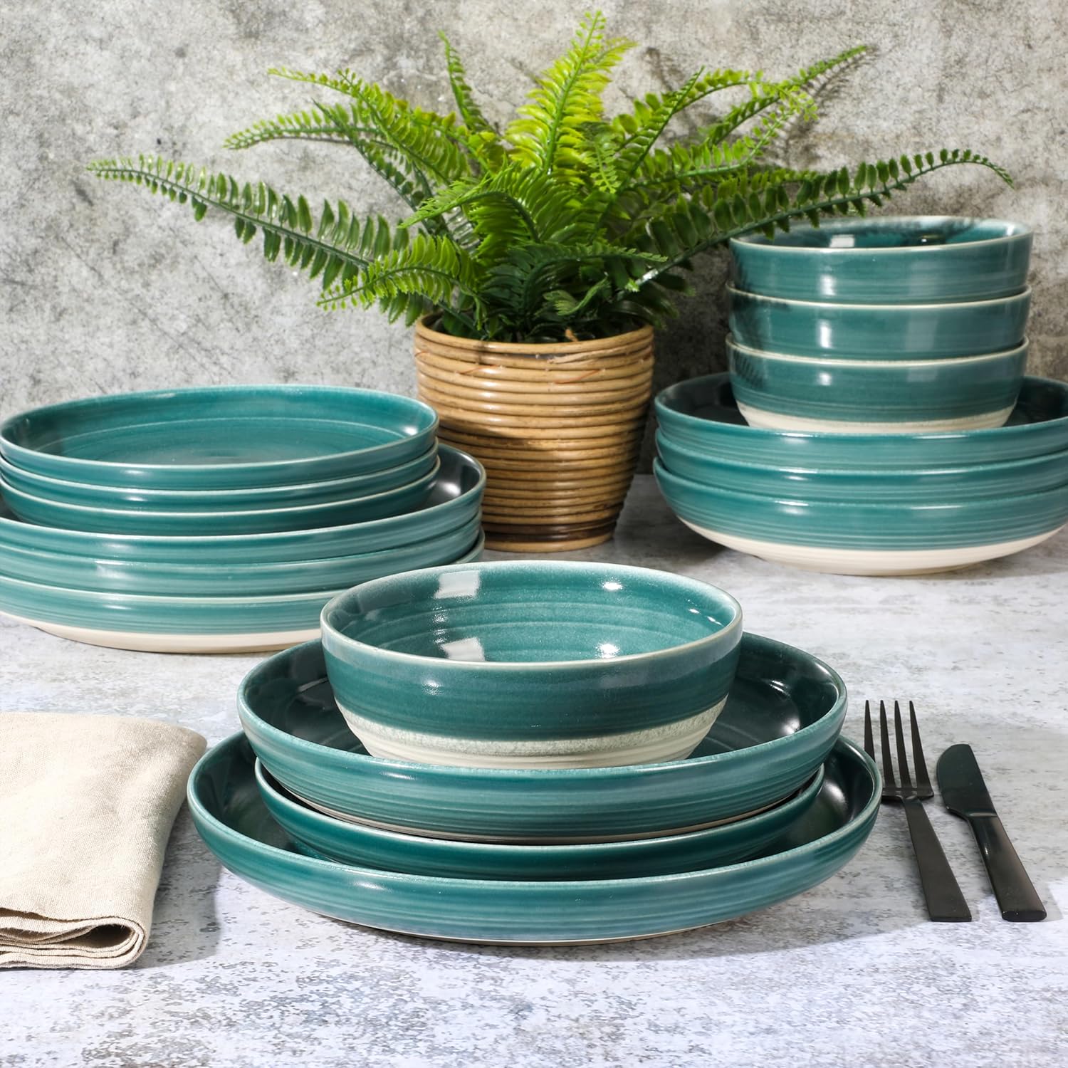 Gibson Elite Clarina 16 Piece Double Bowl Stoneware Reactive Glaze Round Plates and Bowls Dinnerware Set - Teal - Image 4